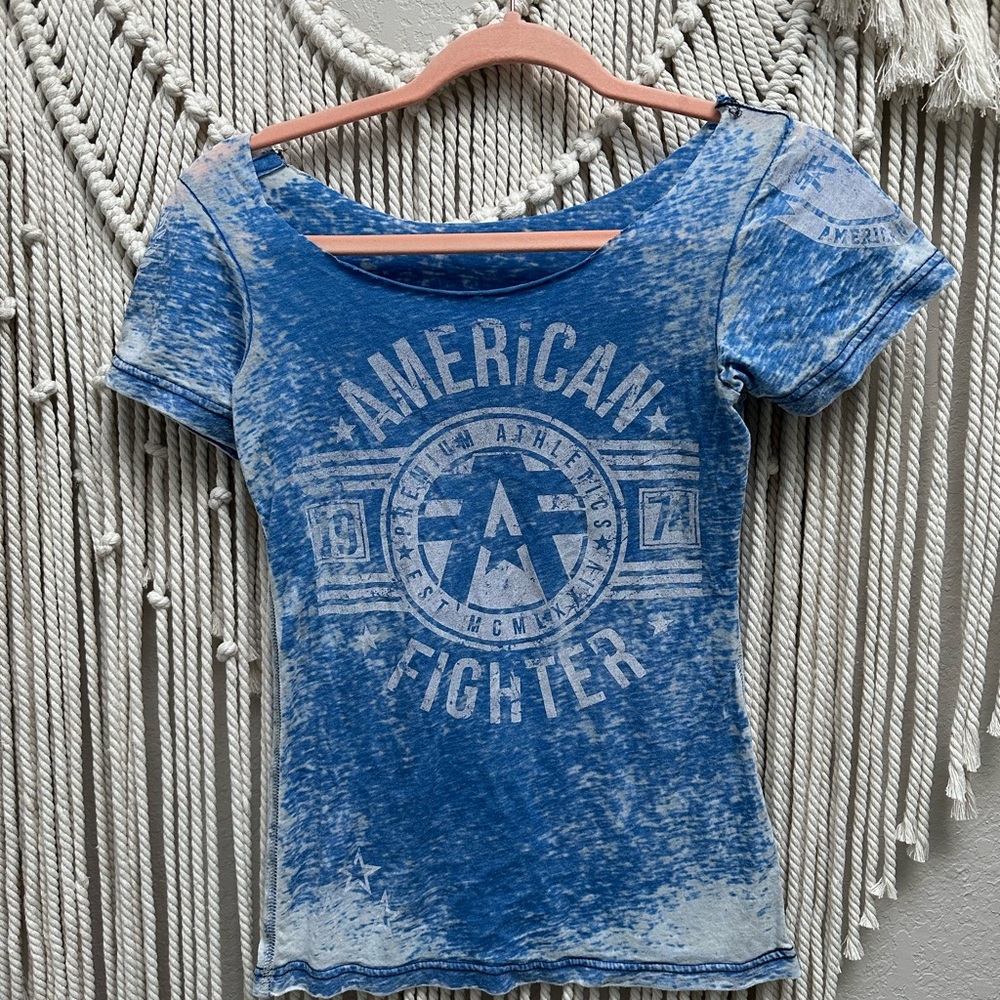 American Fighter Light Blue Distressed Graphic Tee